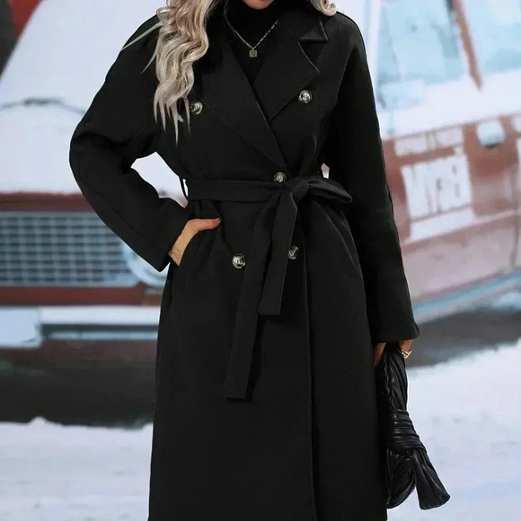 Women's Double Breasted  Lapel Neck Belted jacket Overcoat Black - Picture 6 of 6